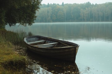 Obraz premium A tranquil scene of an old boat resting at the misty lakeshore.