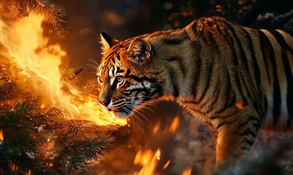 A fierce tiger breathes fire near a burning tree, creating a dramatic, fiery scene.