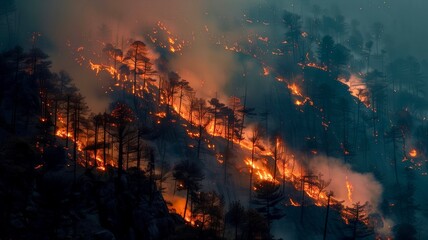 Wildfire Spreads Through Forested Area, Creating Thick Smoke and Flames During a Hot Summer Afternoon. Generative AI
