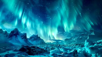 Naklejka premium Majestic Northern Lights Illuminate a Serene Arctic Landscape at Night With Snow-Covered Mountains and a Starry Sky. Generative AI
