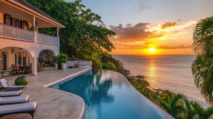A breathtaking beachfront villa with a pool overlooking the ocean at sunset. 