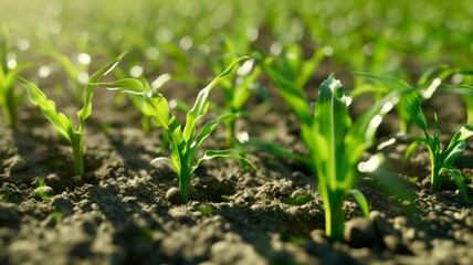 Obraz premium Green Corn Seedlings Grow in Rich Soil Under Sunlight During a Bright Afternoon in a Rural Field. Generative AI