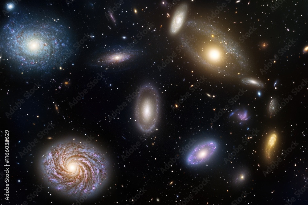 Poster A collection of celestial objects visible in the dark sky, often found in galaxy groups or clusters