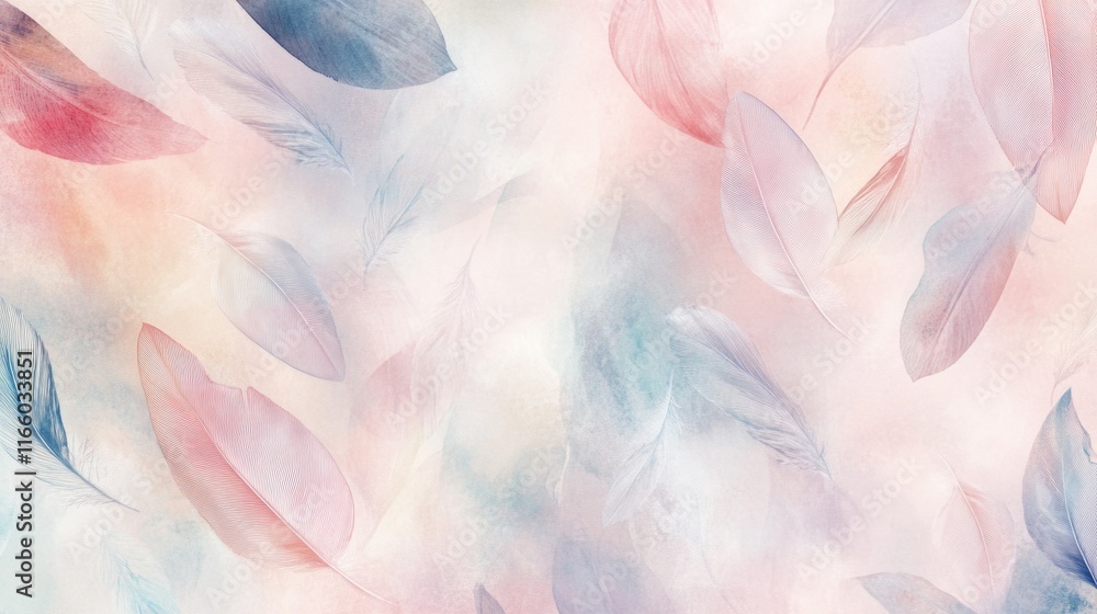 Poster a colorful watercolor painting of various feathers in different shapes and sizes