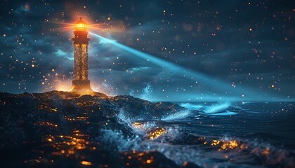 Fototapeta premium A futuristic lighthouse emitting beams of light that guide data packets safely to a secure storage facility , symbolizing the navigation and protection of data