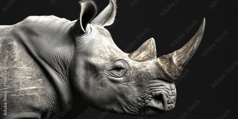 Poster close-up of a rhino's face on a dark background, ideal for use in animal-themed designs or as a symb