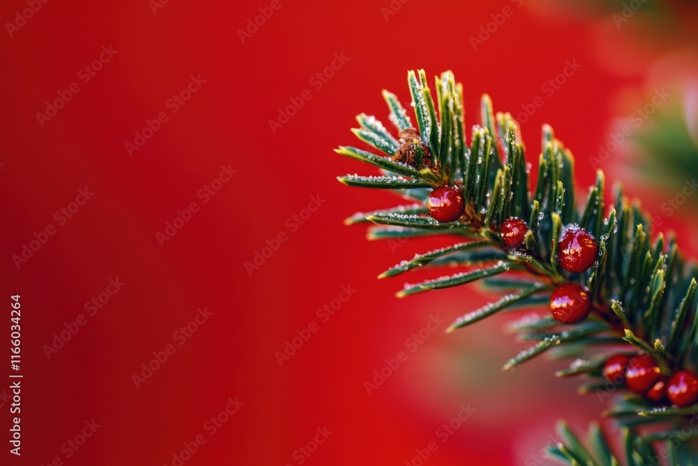 Poster A detailed view of a pine tree branch with bright red berries, suitable for use in nature photography or as a decorative element