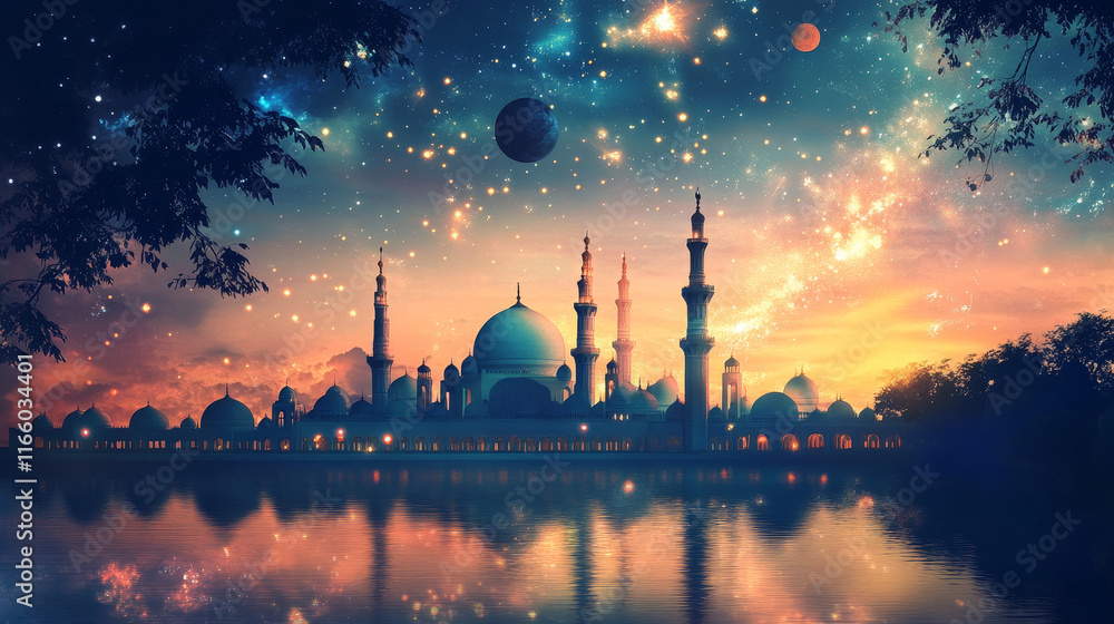 Poster abstract image of arabic mosque in the form of a starry sky or space, consisting of points, lines, a