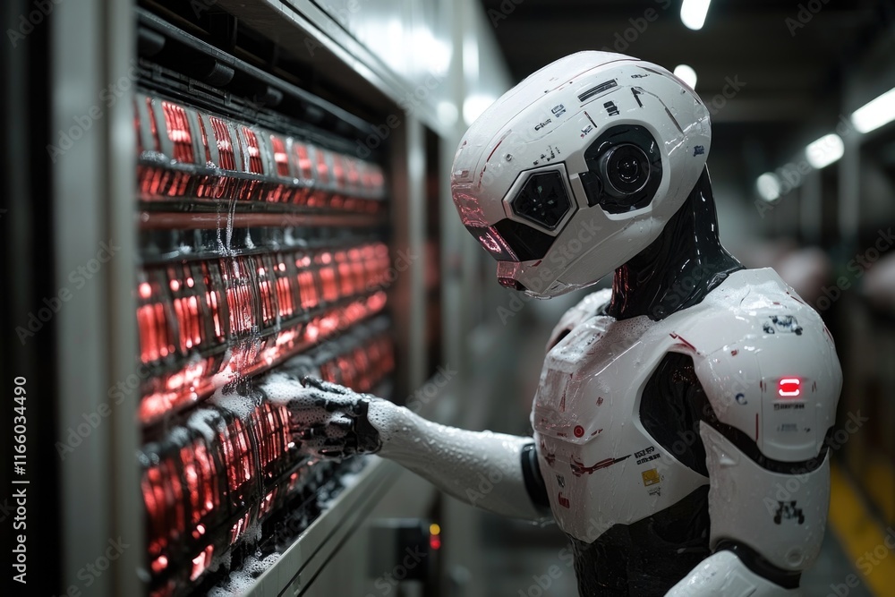 Poster a robot stands in front of a machine, waiting for instructions
