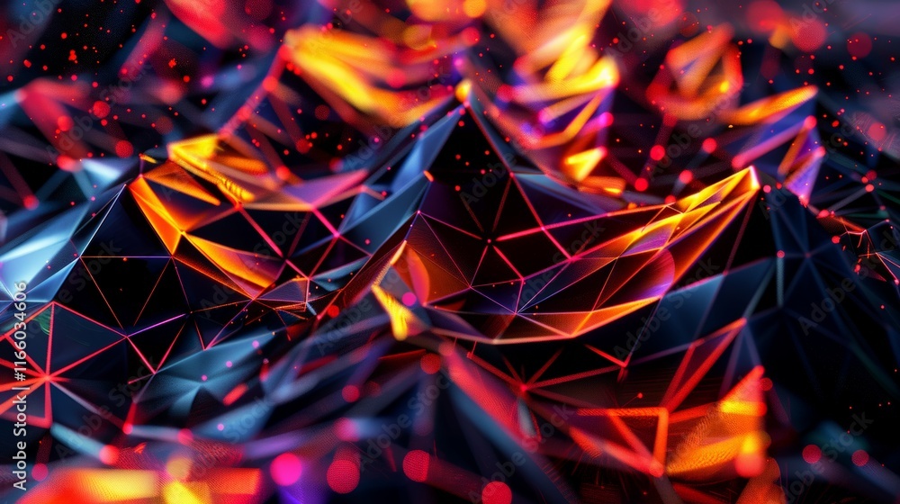 Poster polygonal network forming an abstract background with a glowing bokeh effect and warm colors