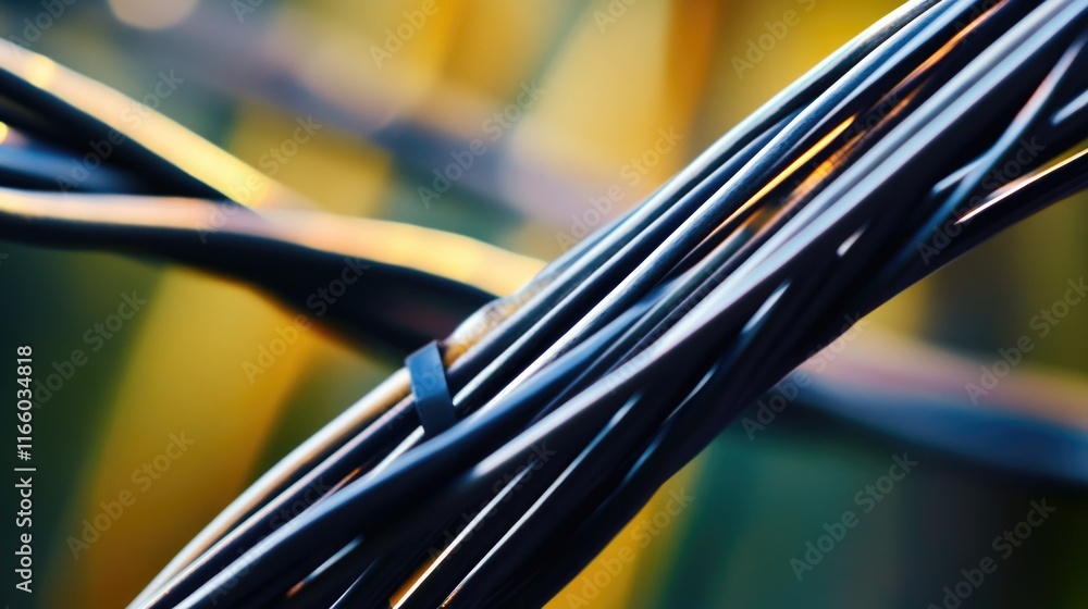 Poster a detailed shot of multiple black wires with connectors and joints