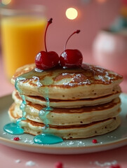 Stack of pancakes with cherries and blue syrup.