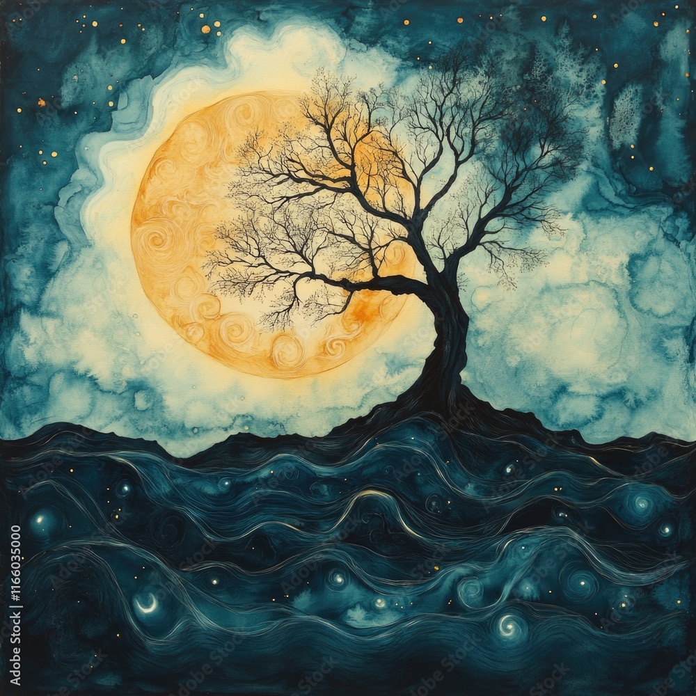 Poster a tree stands tall under the light of a full moon