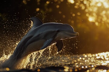 A dolphin jumping out of the water at sunset © Fotograf