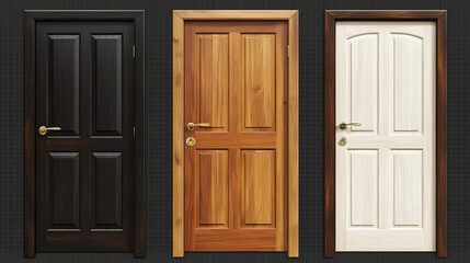 Obraz premium Wooden doors set isolated on transparent background. Vector realistic illustration of modern doorway with black, brown, white wood texture, golden and silver metal doorknob, interior design element