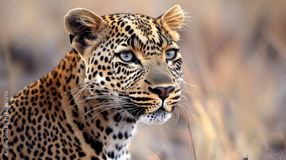 Poster a close-up shot of a leopard's face in a natural environment