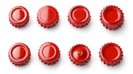 Red bottle cap, realistic plastic lids turn top, bottom and side view positions. Cover for water, beverage, drink container. Design elements isolated on white background, 3d vector illustration, set