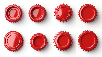 Red bottle cap, realistic plastic lids turn top, bottom and side view positions. Cover for water, beverage, drink container. Design elements isolated on white background, 3d vector illustration, set