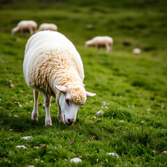 Obraz premium A sheep eating grass on the land