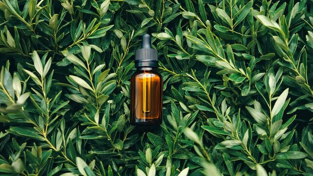 Tea tree essential oil in a bottle. Selective focus. Nature.