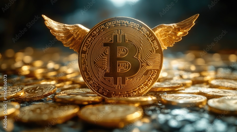 Poster a bitcoin with wings on top of a pile of gold coins, suitable for use in financial or economic illus