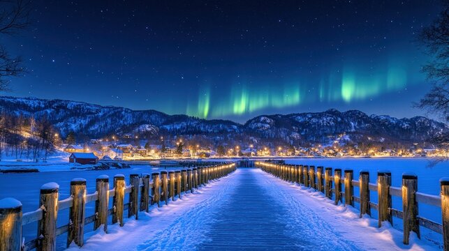 Snowy pier at night with aurora borealis.