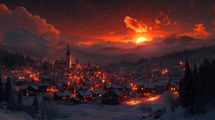 Snowy village sunset, mountains, winter.