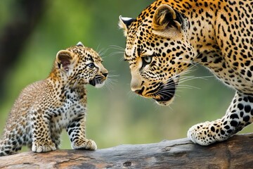 Naklejka premium A mother leopard sitting with her cub on a log, nature scene
