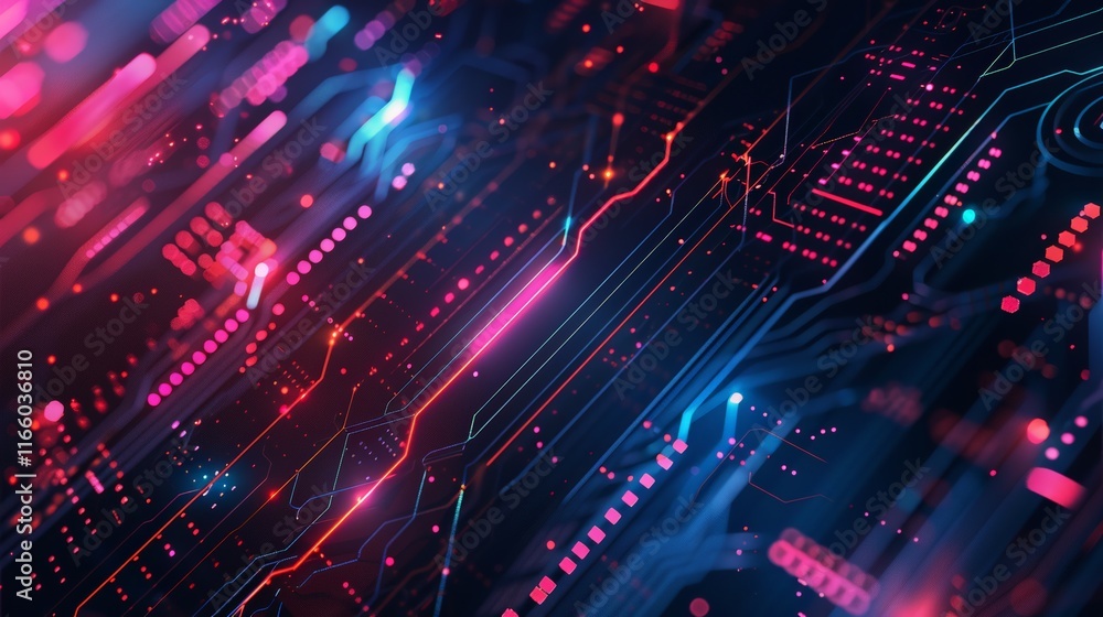 Poster complex electronic circuit board with glowing lines representing data flow and advanced technology, 