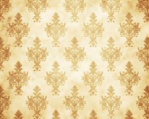 Fototapeta premium Vintage damask pattern background, distressed beige and gold textured wallpaper, ornate floral design, elegant antique style.