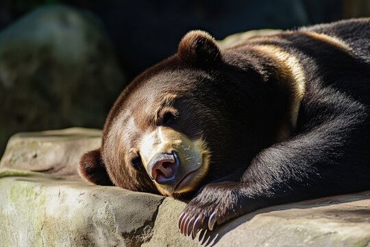 A large brown bear is relaxing on the top of a rocky outcropping