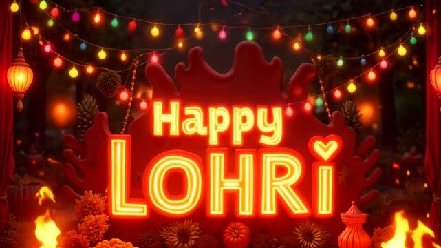 Indian Lohri Holiday. Brightly animated greeting card with &ldquo;Happy Lohri&rdquo; inscription. dynamic scene. Culture of India