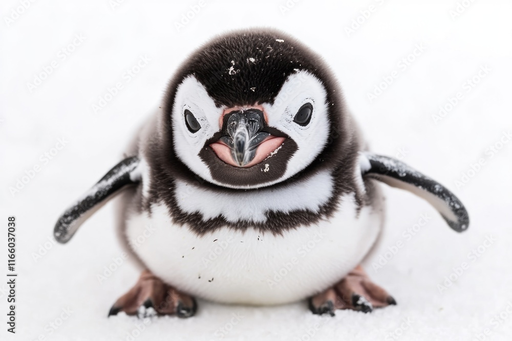 Poster a penguin with its tongue out standing in the snow