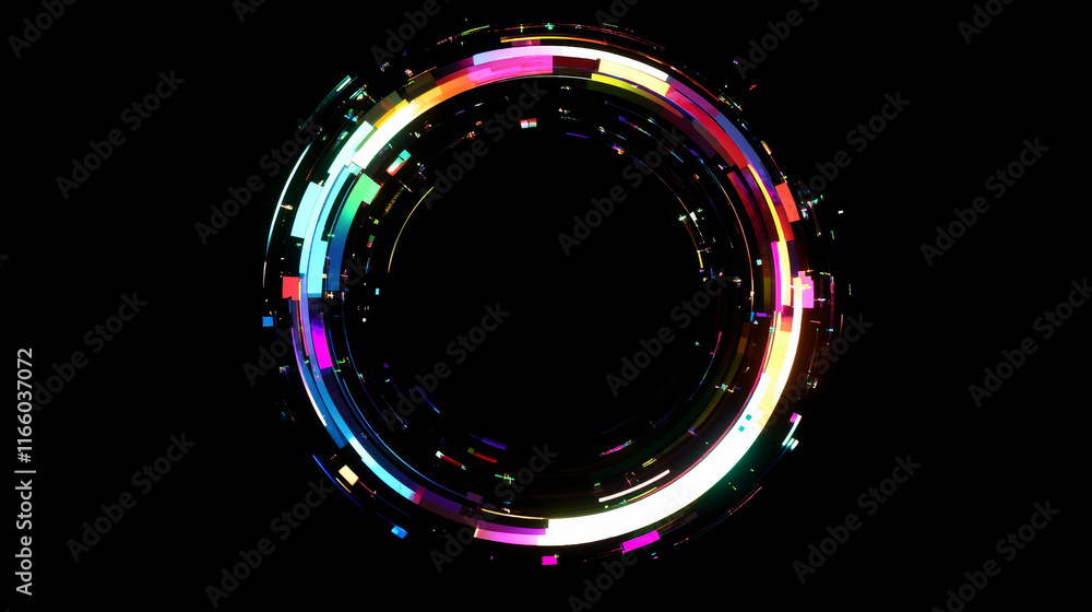 Poster neon glitch effect circle. digital ring frame with cyber light. futuristic broken pixel and noise gr
