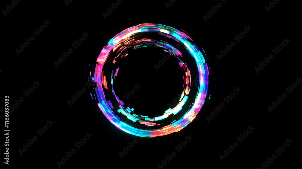 Poster neon glitch effect circle. digital ring frame with cyber light. futuristic broken pixel and noise gr