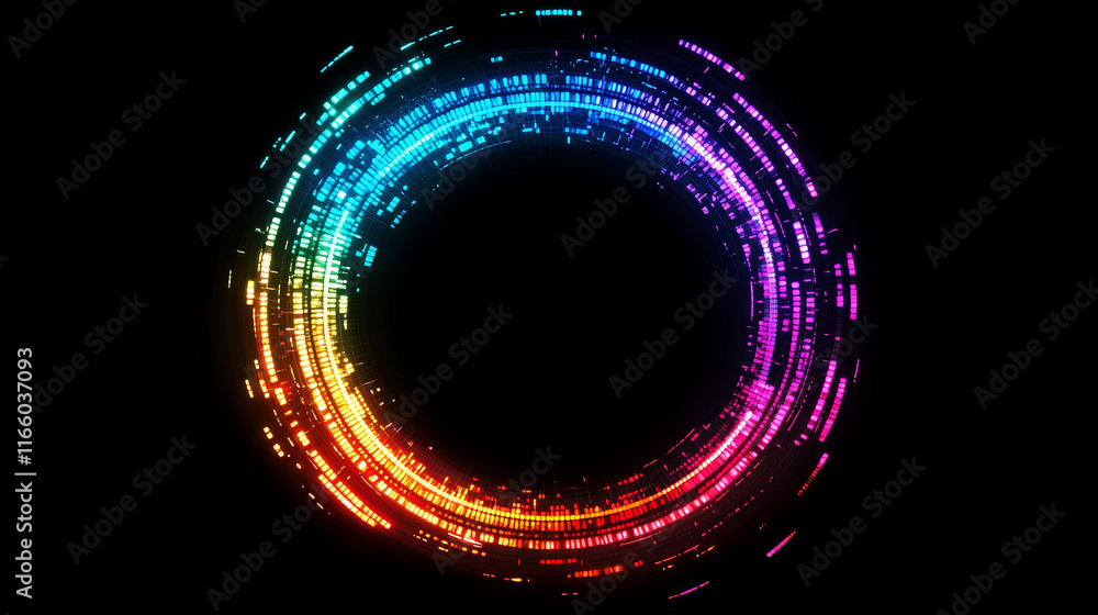 Poster neon glitch effect circle. digital ring frame with cyber light. futuristic broken pixel and noise gr