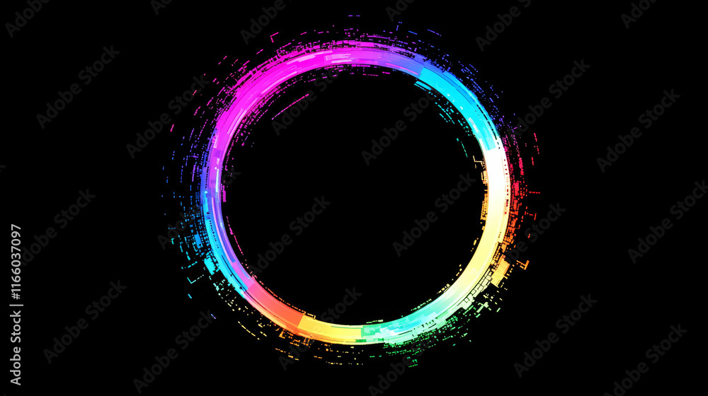 Poster neon glitch effect circle. digital ring frame with cyber light. futuristic broken pixel and noise gr
