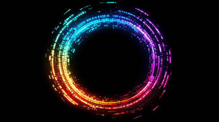 Neon glitch effect circle. Digital ring frame with cyber light. Futuristic broken pixel and noise graphic border. Minimal dynamic holographic distortion avatar illustration. Color bug illusion