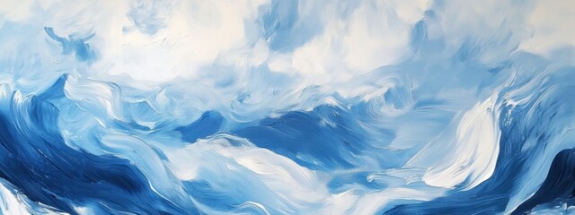 Obraz premium Abstract landscape, oil painting, swirling blues and whites, mountainous terrain, glacial peaks, dynamic brushstrokes, atmospheric, ethereal, cool color palette, textured canvas, impressionistic style