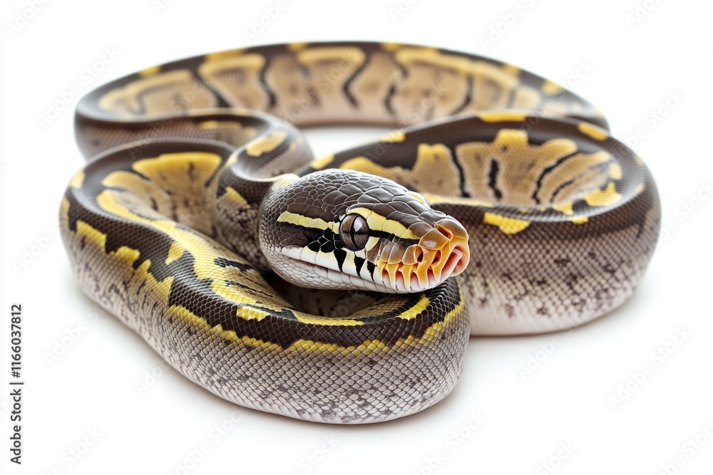 Poster A close-up shot of a snake on a white surface, suitable for use in scientific or educational contexts where a clear view of the snake's features is needed