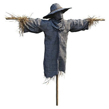 weathered scarecrow stands guard wide straw arms outstretched against black background isolated on png transparent background