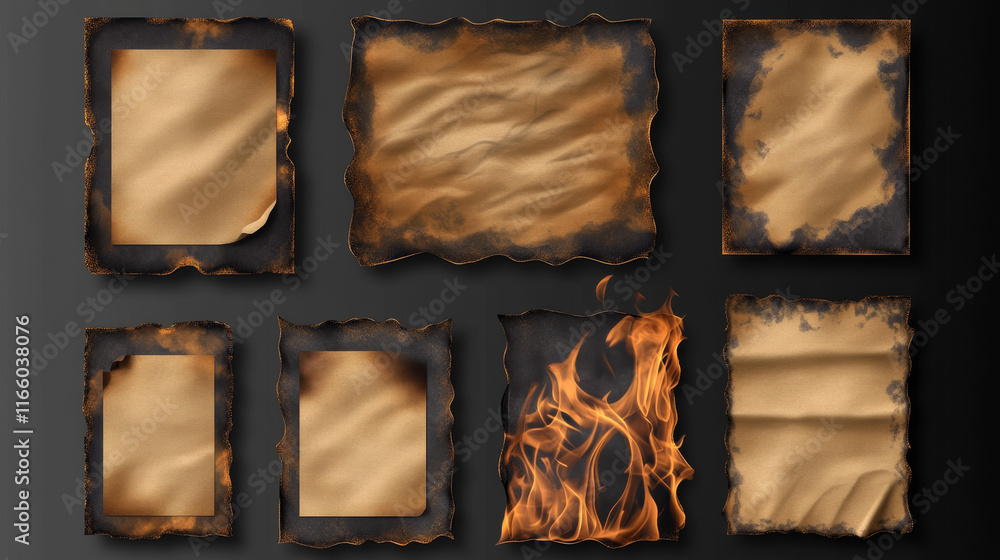 Aufkleber square paper sheets with burning rounded angles, burnt sticky notes, scorched stickers with smolderi
