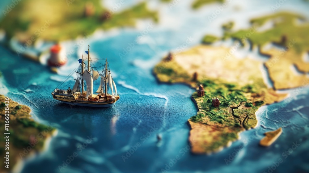 Fototapete a model of a ship placed on a world map, suitable for navigation or travel themed projects