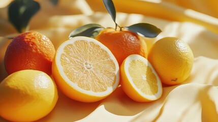 Sunlit Citrus Fruits Resting On Yellow Fabric