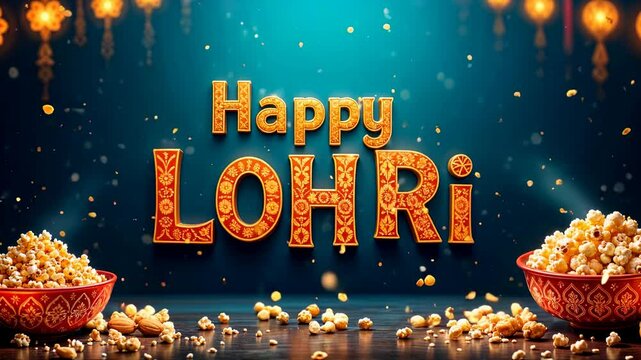 Indian Lohri Festival. Brightly animated greeting card with &ldquo;Happy Lohri&rdquo; caption. Saturated gradient, dynamic scene. Culture of India