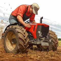 Obraz premium A farmer plowing fields with a red tractor, showcasing agricultural work.