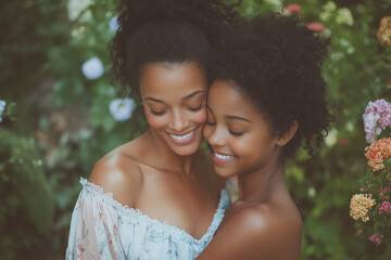 Fototapeta premium Joyful moments in a vibrant garden between a mother and her daughter