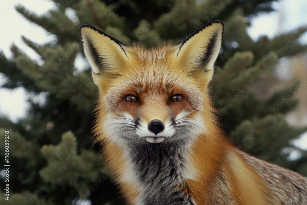 Poster a close-up shot of a fox standing in front of a tree, with the sunlight casting a warm glow
