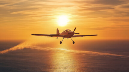 Obraz premium Small airplane at sunset ocean landscape, crop duster plane flying low over sea surface in red dusk sky. Private aircraft, civil aviation cropduster machine with propeller, Cartoon vector illustration