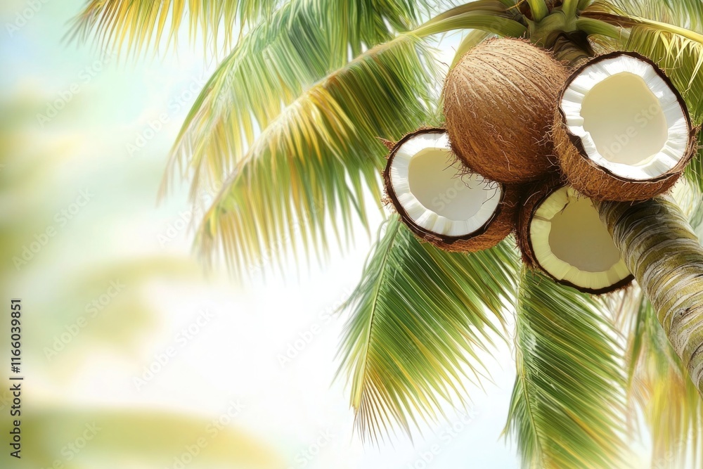 Poster two coconuts hanging from a palm tree, natural and whole